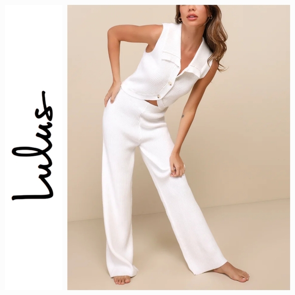 Lulus Pants - Lulus Sweater Pants - Cabincire BRAND NEW Ivory Ribbed Knit High Rise Wide Leg